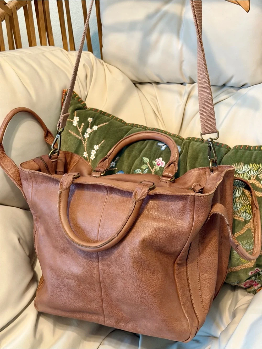 Free People Leslie Leather Tote – Wild Mushroom – Oversized Distressed Leather